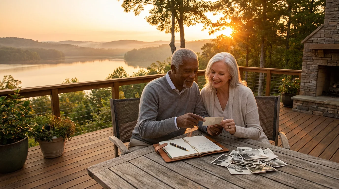 An elderly couple reflect on old photographs on a lakeside veranda at sunset.