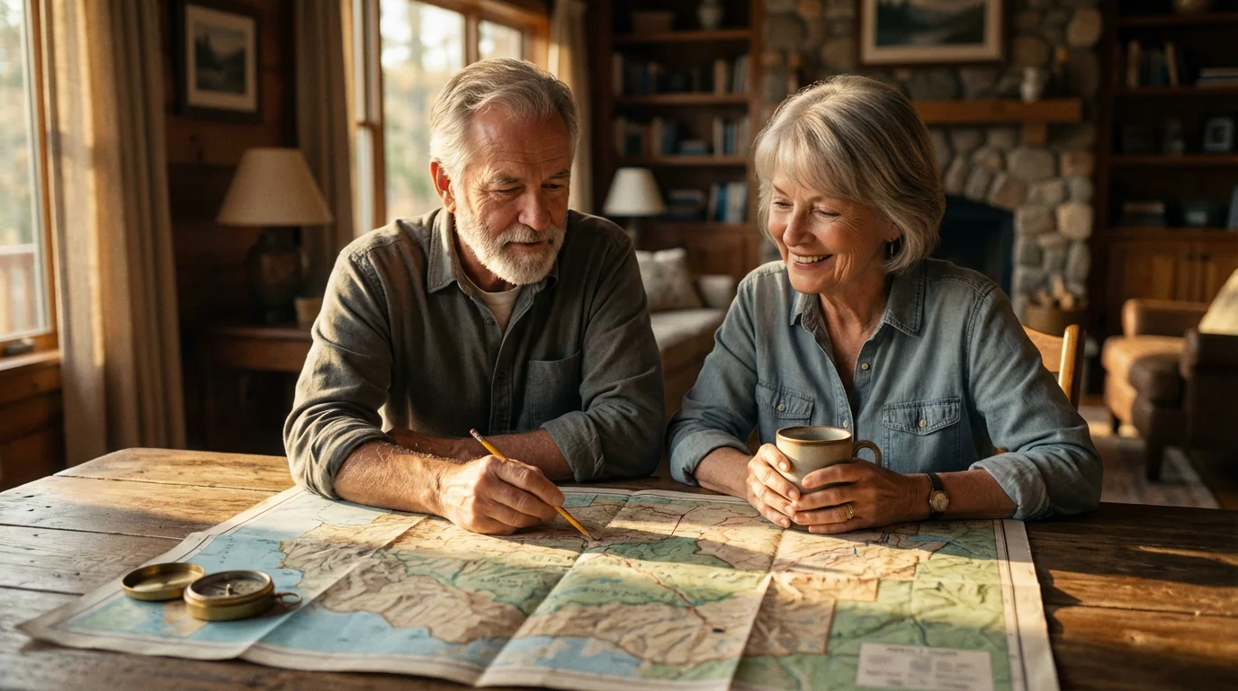 An elderly couple sits at a wooden table, planning a stargazing trip with a map.