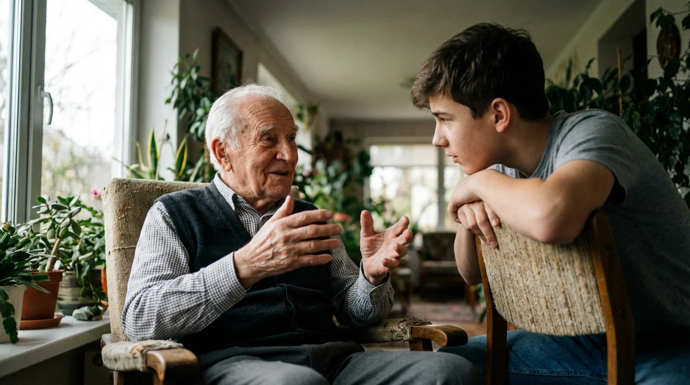 An elderly man animatedly tells a story to his captivated grandson in a sunlit room.