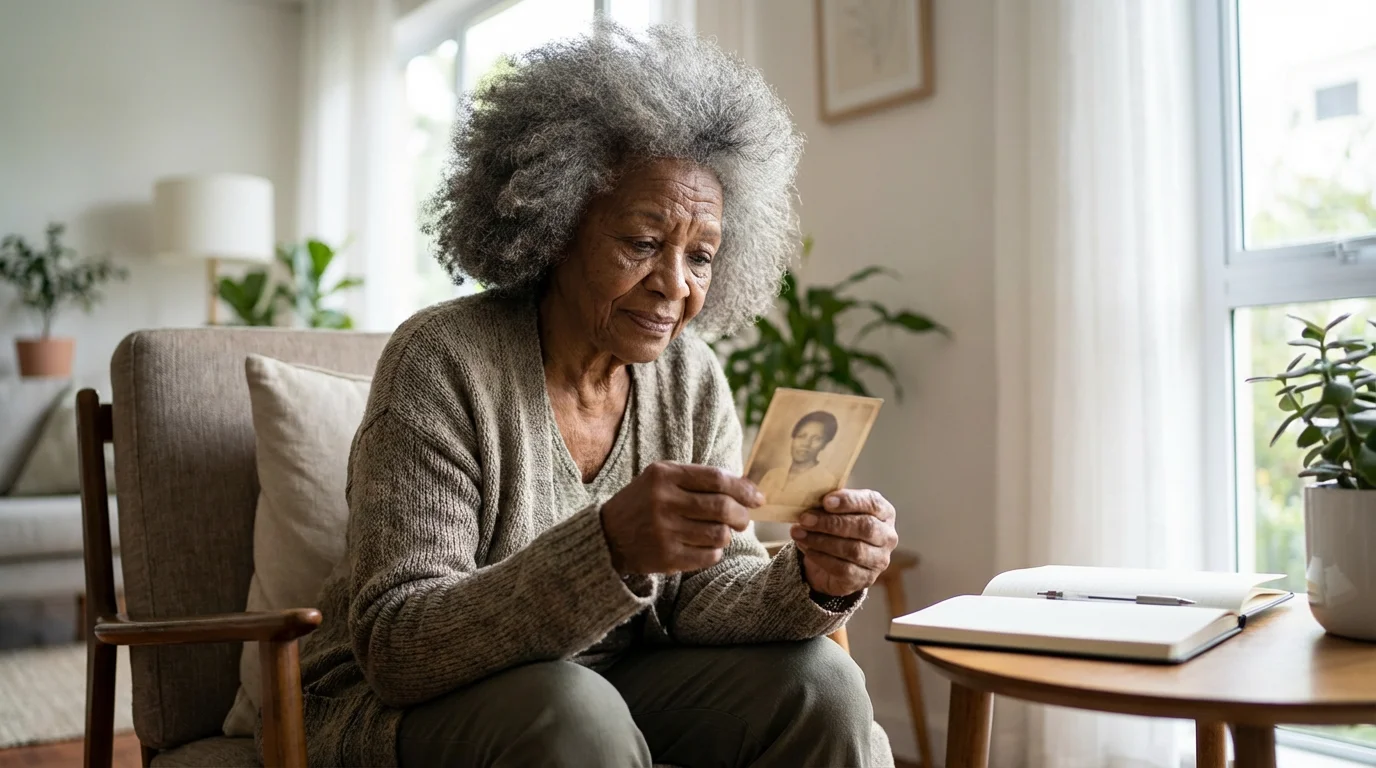 An elderly woman sits in a chair, reflectively holding an old photograph.