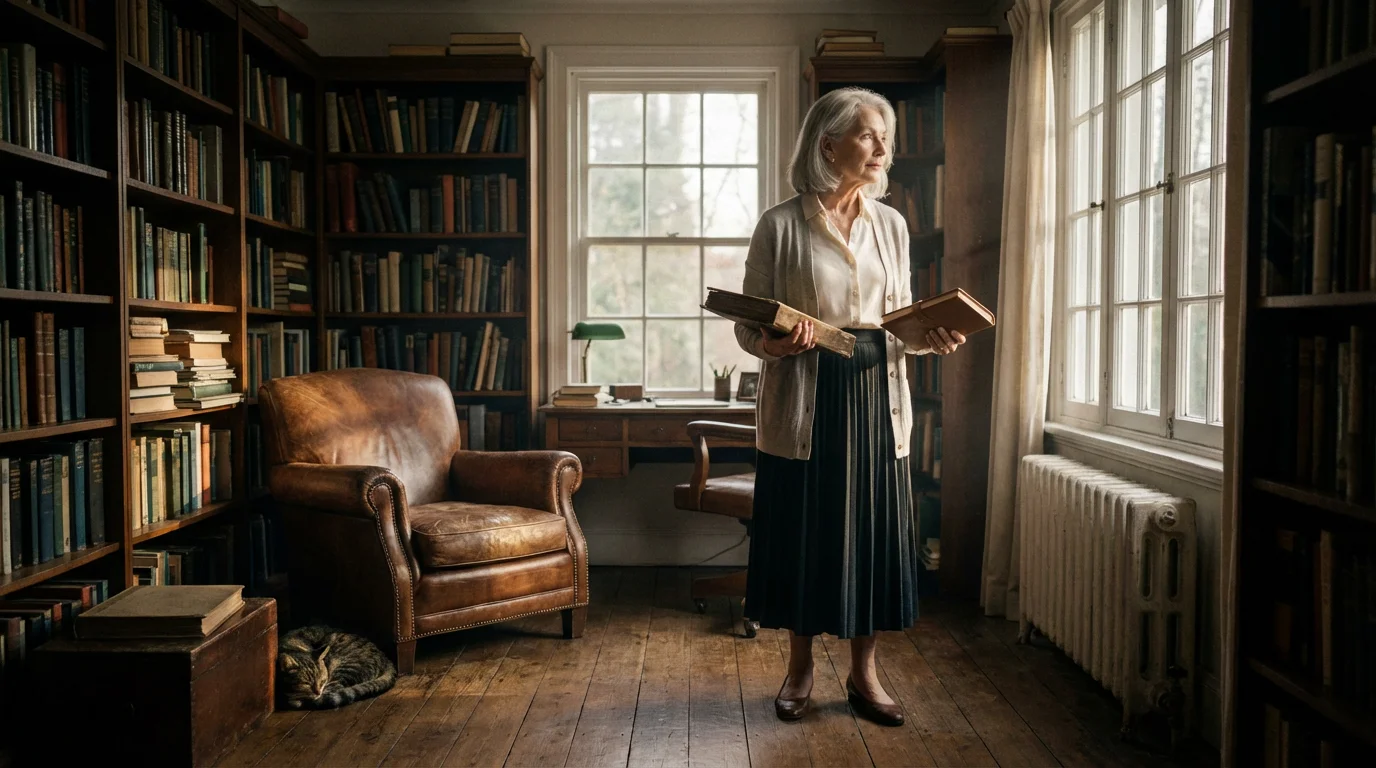 An elderly woman stands in a sunlit study, holding a photo album and a journal.
