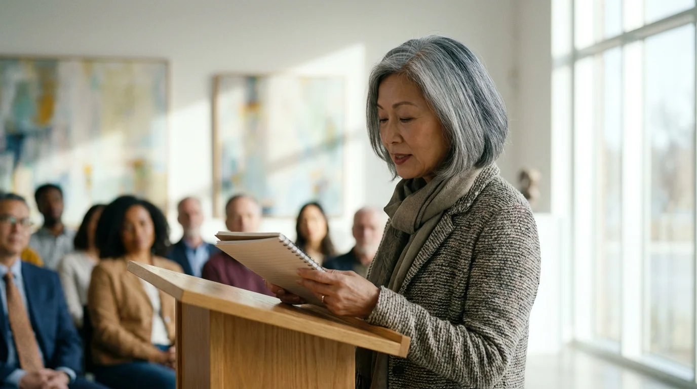 An elegant older woman reads her poetry aloud from a lectern in a sunlit room.