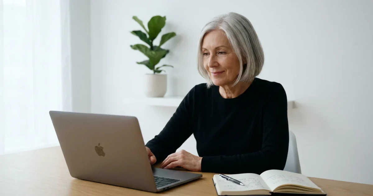 An elegant senior woman with silver hair thoughtfully works on her laptop in a modern home office.