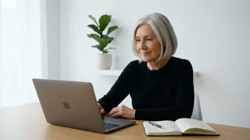 An elegant senior woman with silver hair thoughtfully works on her laptop in a modern home office.