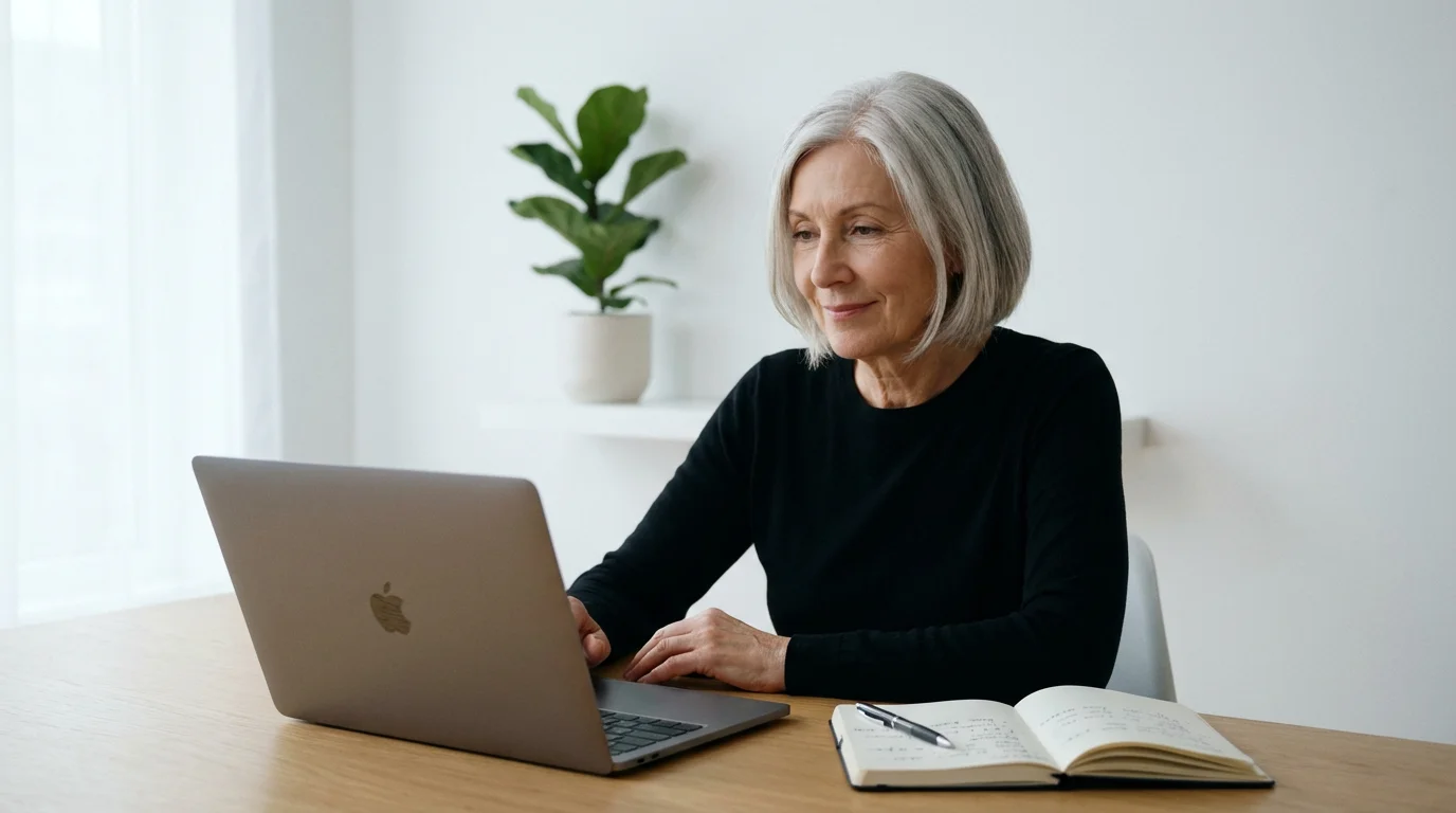 An elegant senior woman with silver hair thoughtfully works on her laptop in a modern home office.
