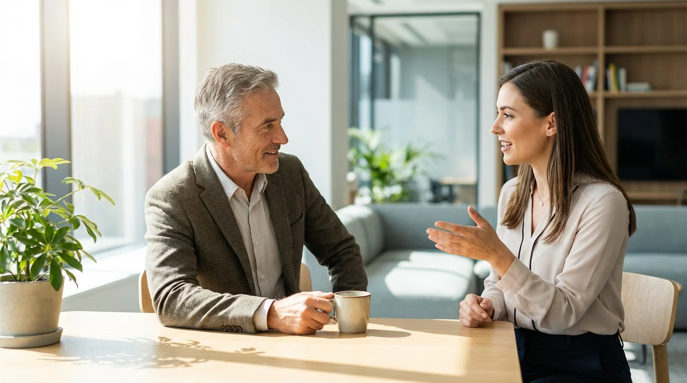 An experienced mentor and a young professional mentee having a positive conversation in a bright office.