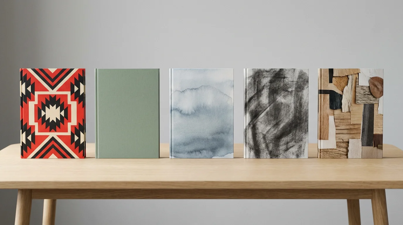 An eye-level photograph of a row of books with different artistic, text-free covers.