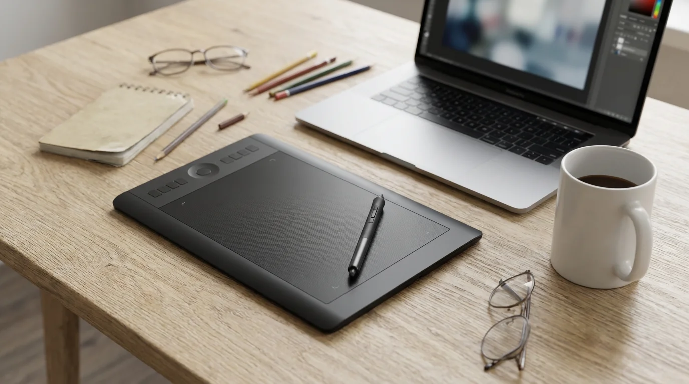 An eye-level shot of a digital art tablet, stylus, and laptop arranged on a modern wooden desk.