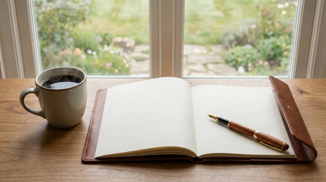 An eye-level view of a blank journal and fountain pen on a desk.