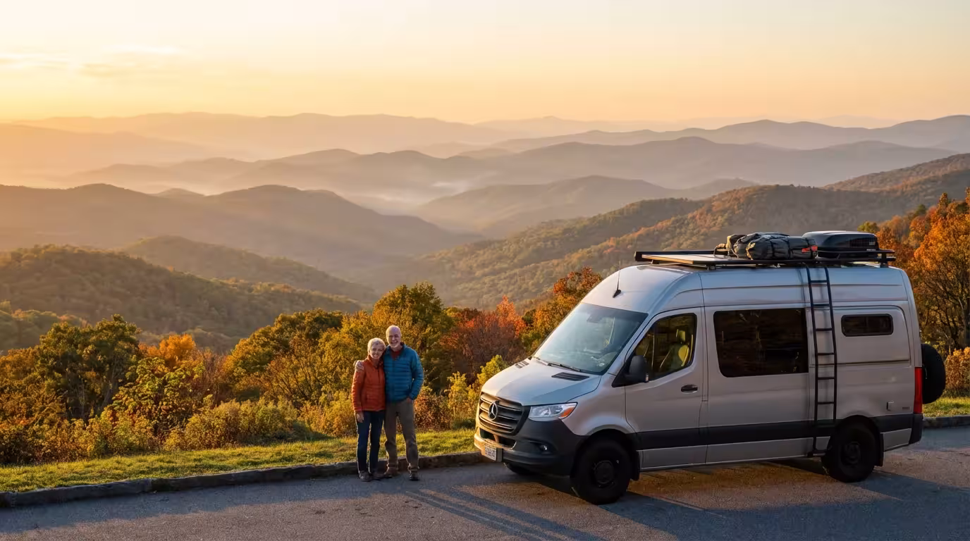 An older couple enjoys a mountain sunset view from their camper van.