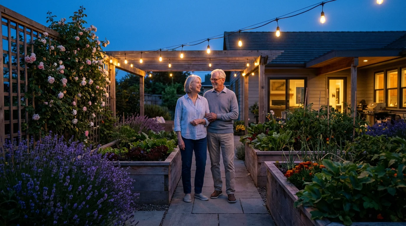 An older couple standing in their beautifully lit backyard garden at twilight.
