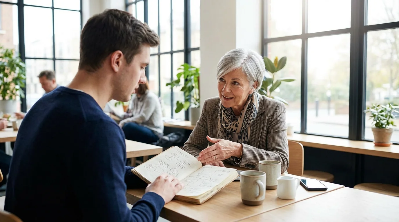 An older female mentor guides a young man through notes in a sunlit cafe.