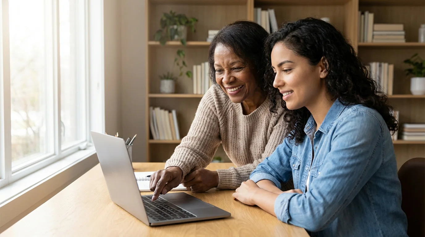 An older female mentor guiding a young woman on a laptop in a sunlit home office.