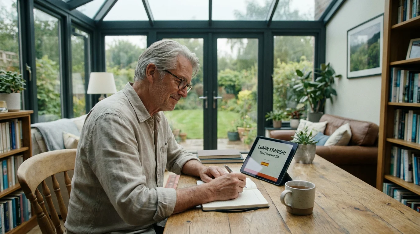 An older man actively learning a new language at his desk in a bright sunroom.