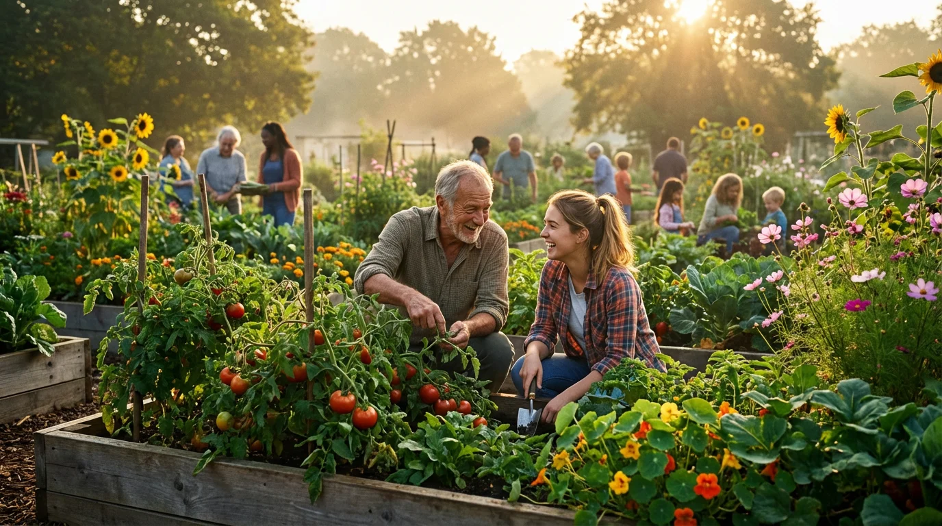 An older man and a young woman gardening together in a sunny community garden.