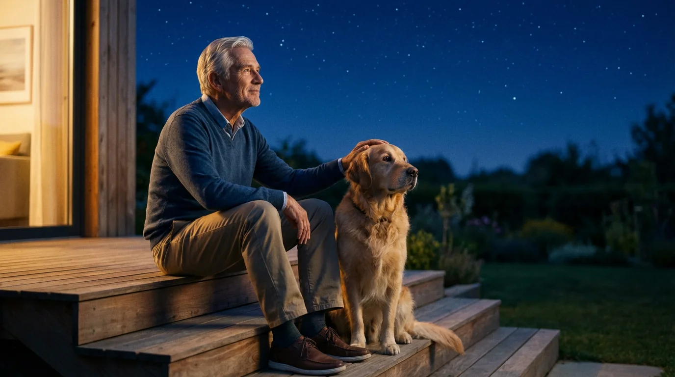 An older man and his dog sit on a porch at dusk, looking thoughtfully ahead.