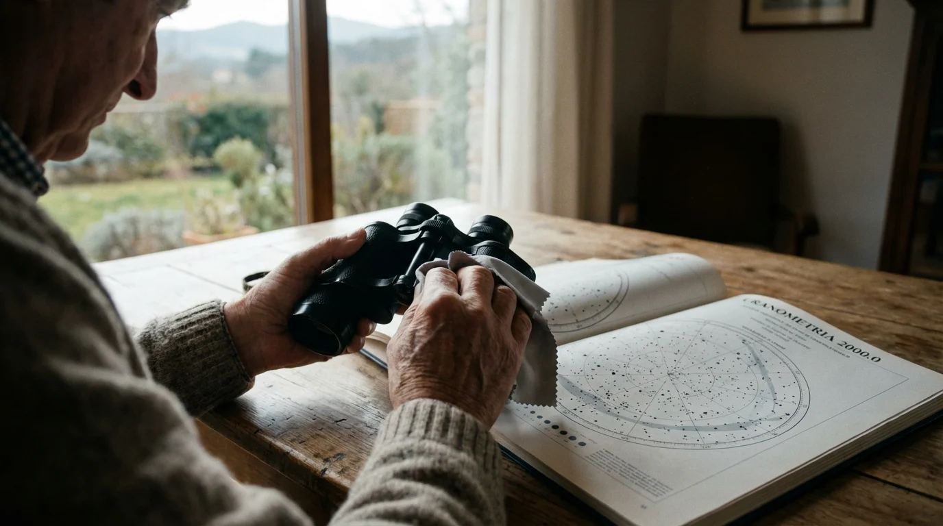 An older man at a desk with natural light cleans binoculars beside a star chart.