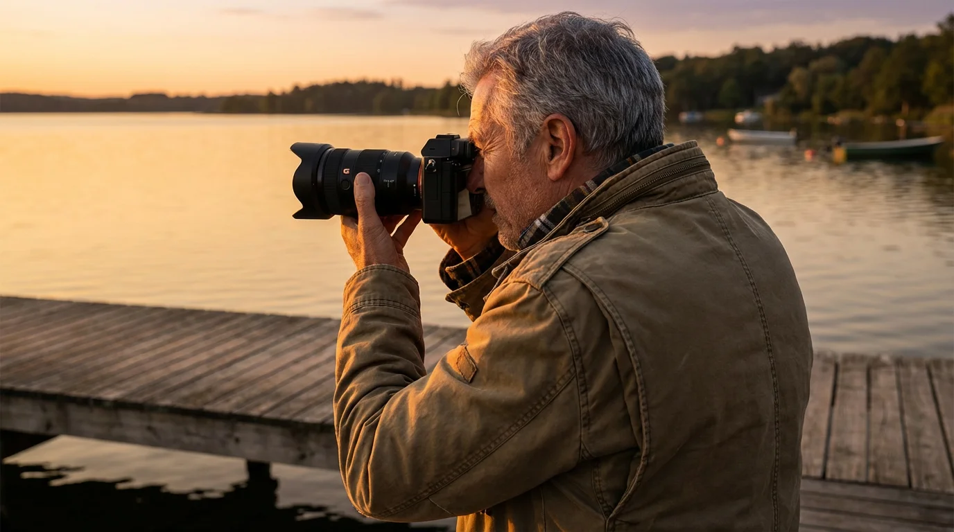 An older man from behind, photographing a lake during a warm golden hour sunset.
