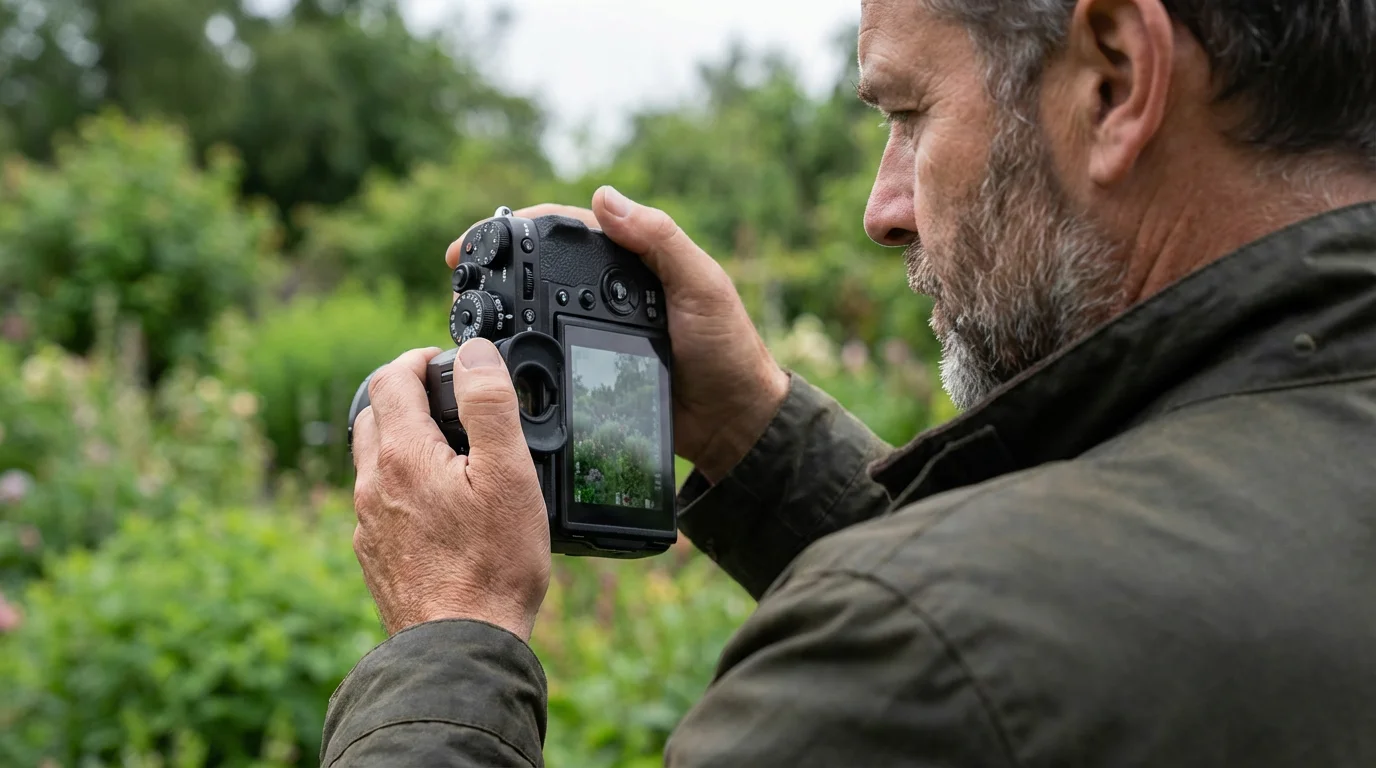 An older man seen from over his shoulder adjusting the aperture on his camera.