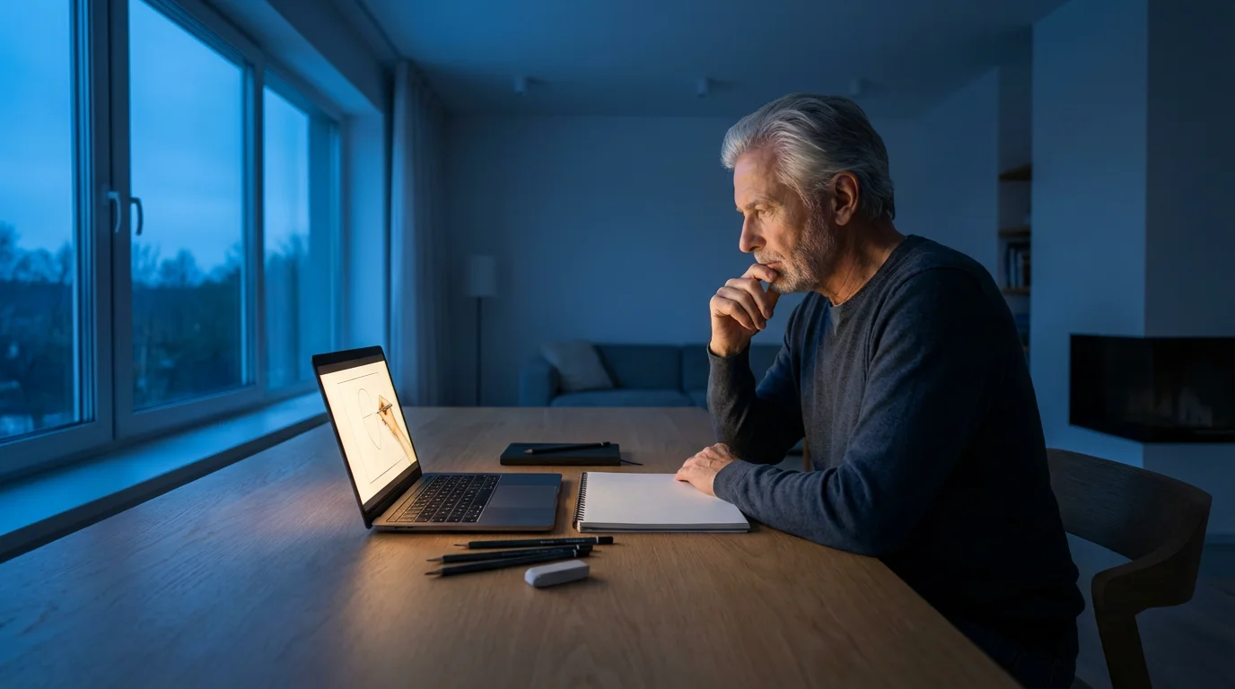 An older man sits at a desk at twilight, preparing to learn drawing.