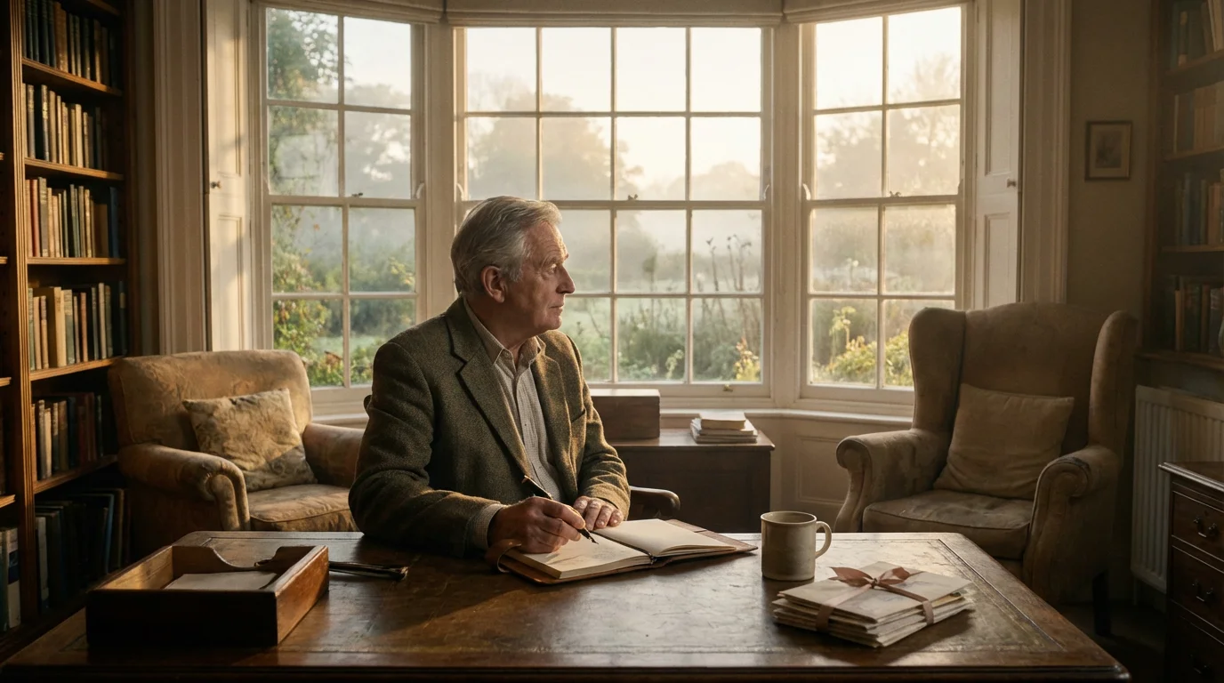 An older man sits at a desk with a notebook, looking thoughtfully out a window.