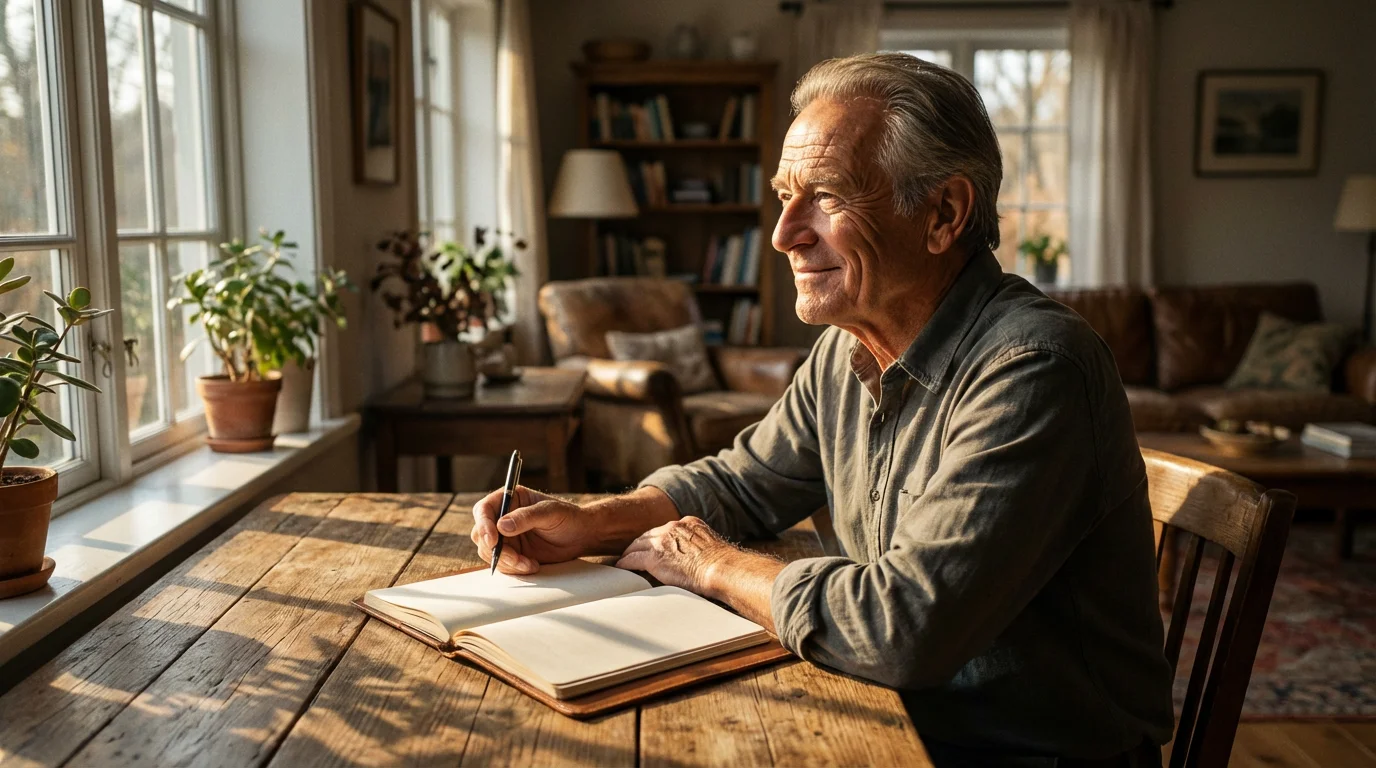 An older man sits thoughtfully at a desk with a blank journal, ready to write.