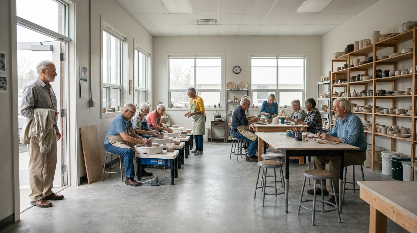 An older man stands at the entrance of a bright, busy community pottery class.