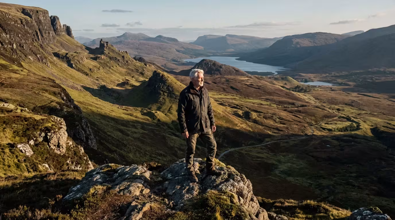 An older man stands on a cliff overlooking a vast mountain valley at sunset.