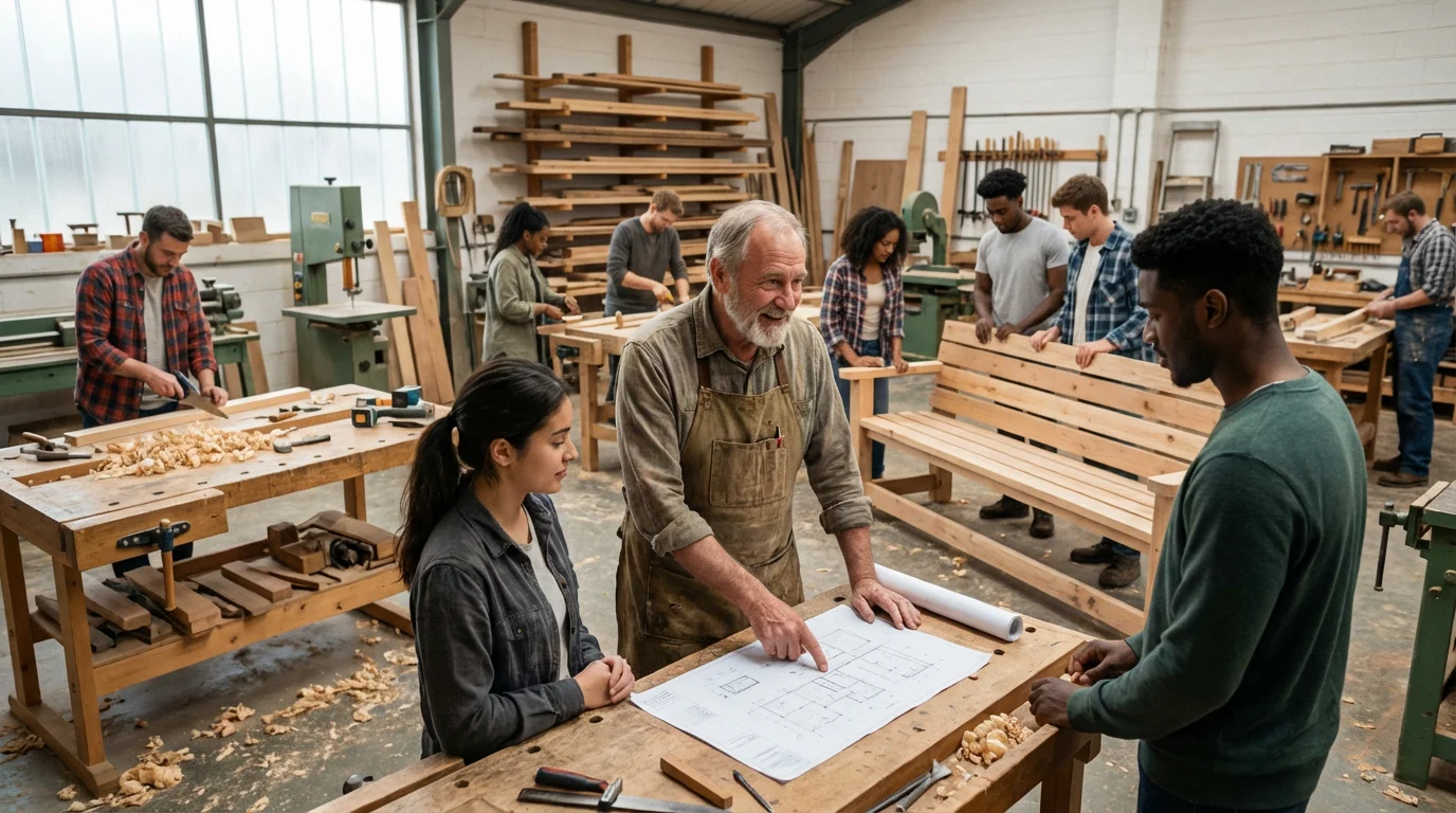 An older man teaches a group of young adults carpentry in a community workshop.