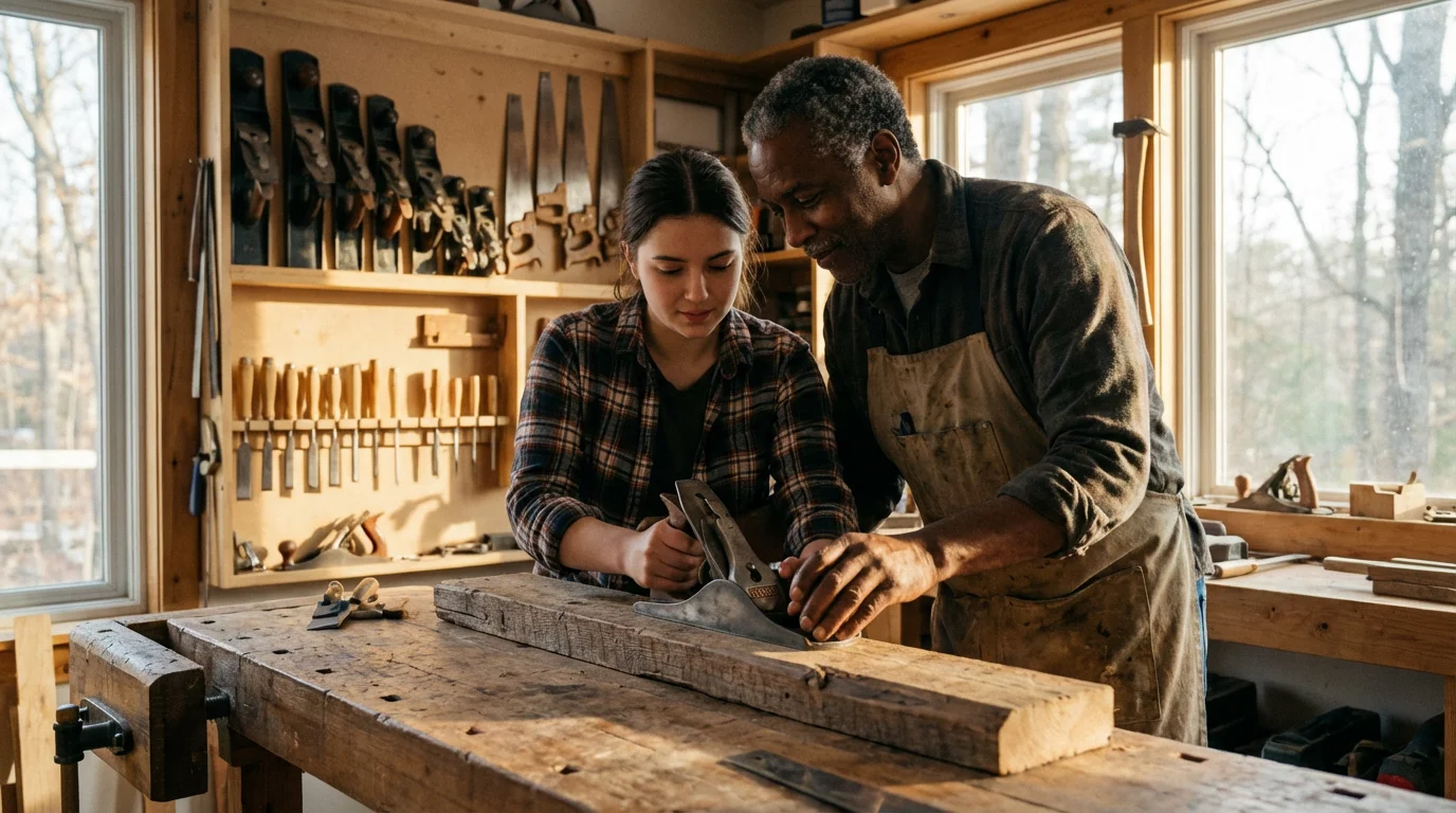 An older man teaches a young woman woodworking in a sunlit, dusty workshop.