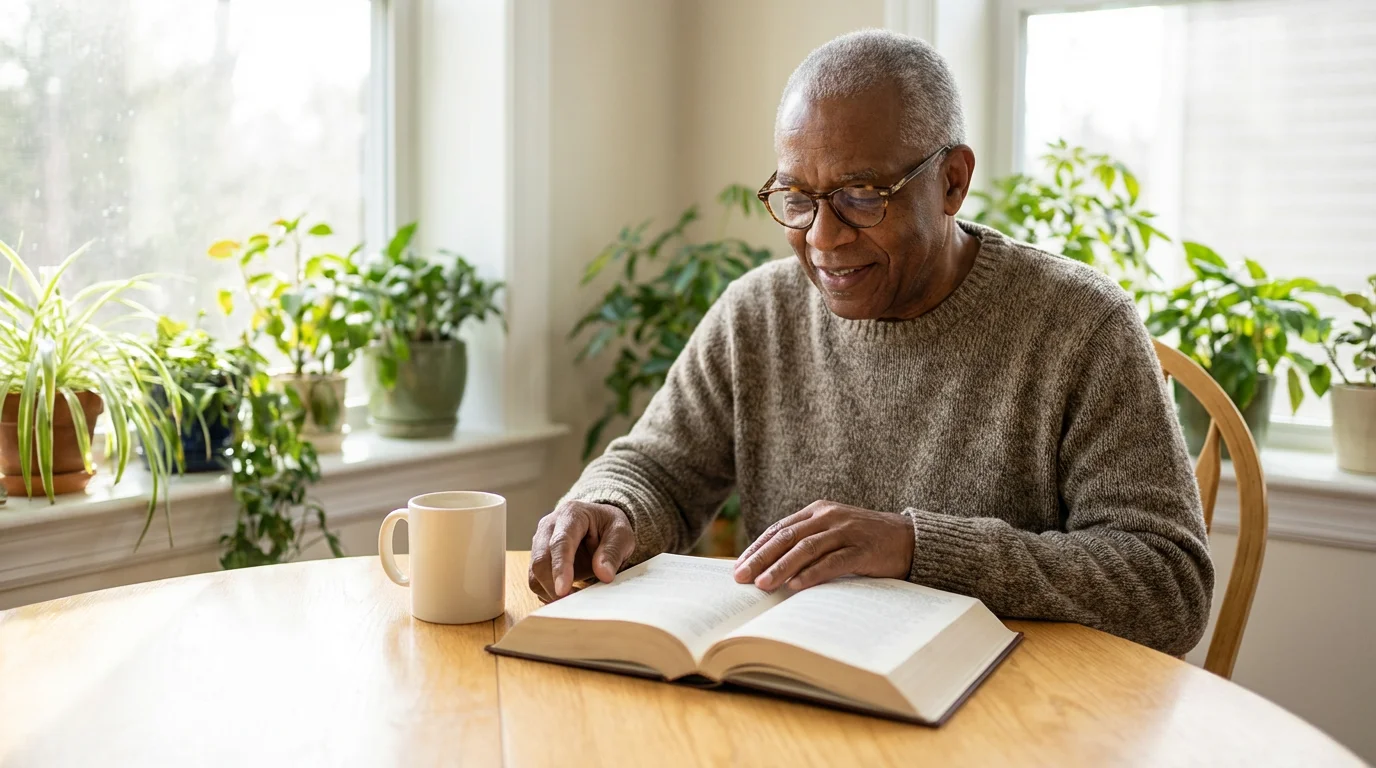 An older man with glasses sits in a sunlit room reading a book of poetry.