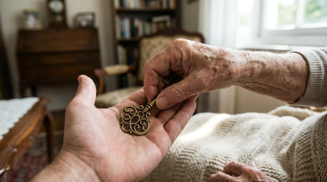 An older person's hand carefully places an ornate antique key into a younger person's palm.