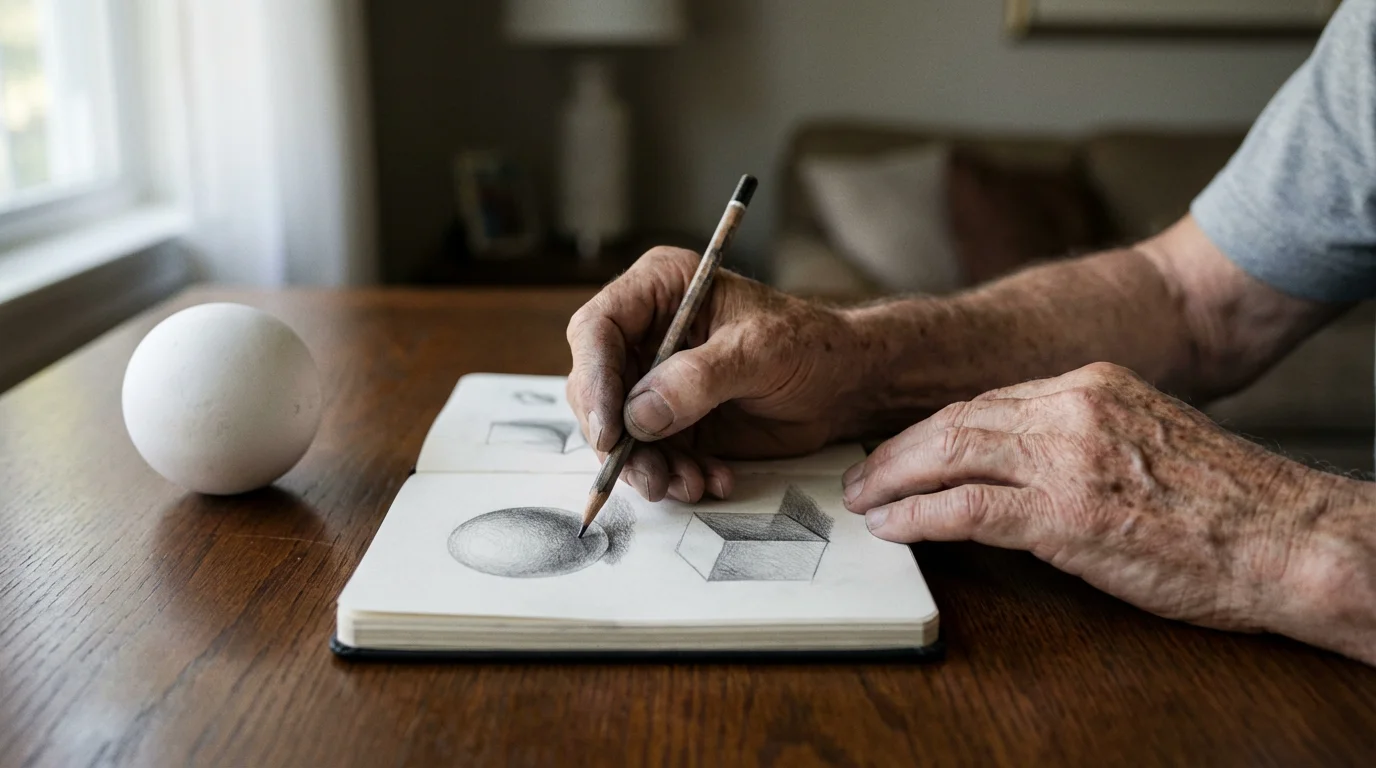 An older person's hands drawing and shading basic geometric shapes in a sketchbook.