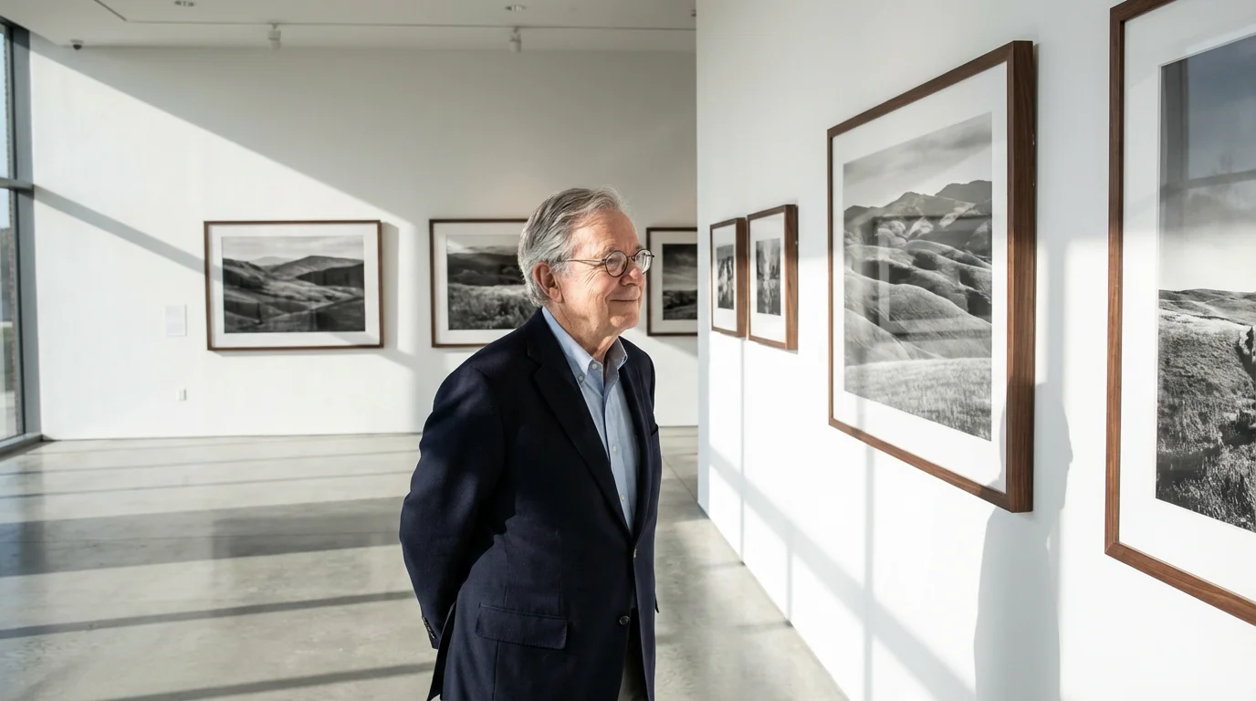 An older photographer stands in a quiet gallery looking at his framed photos.