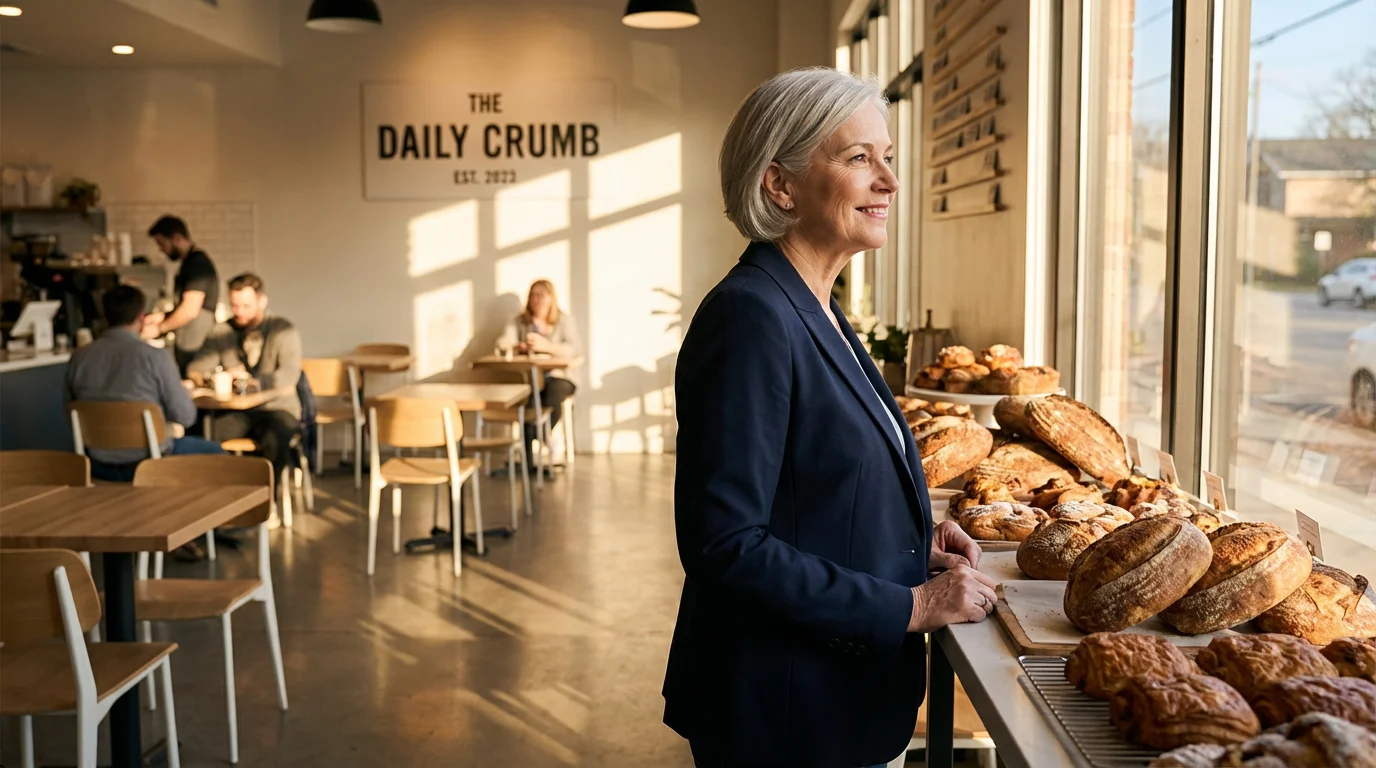 An older woman, a new business owner, looks over her modern bakery during golden hour.