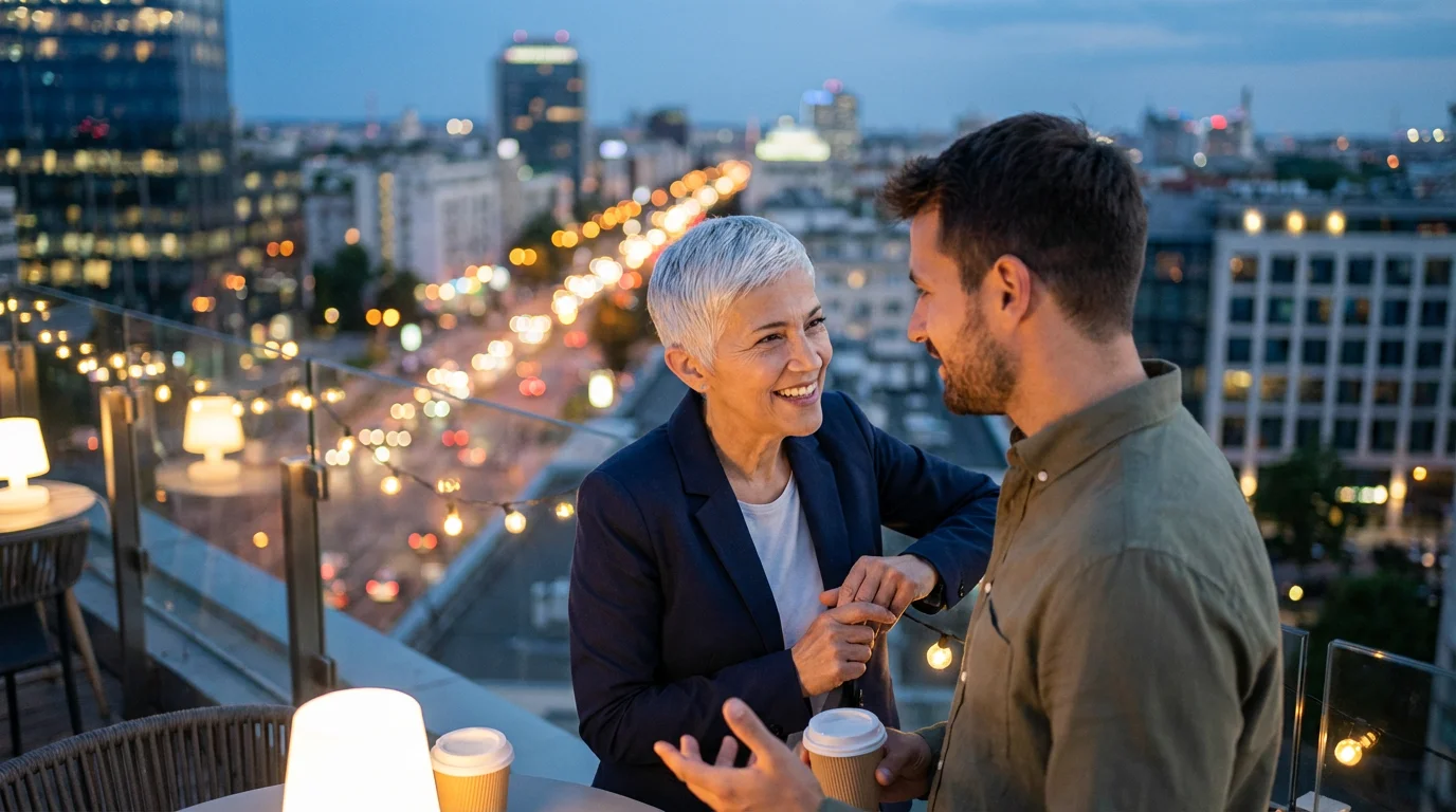 An older woman and a younger man networking on a city rooftop at dusk.