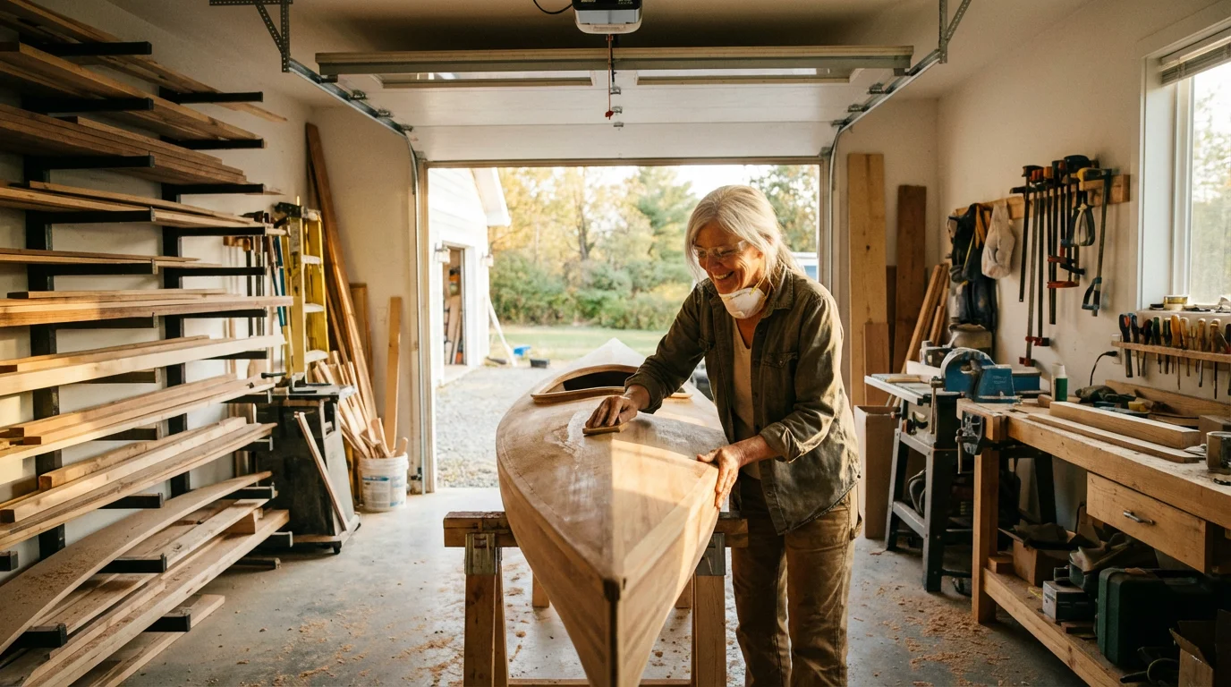 An older woman building a wooden boat in her workshop during a warm, golden hour sunset.