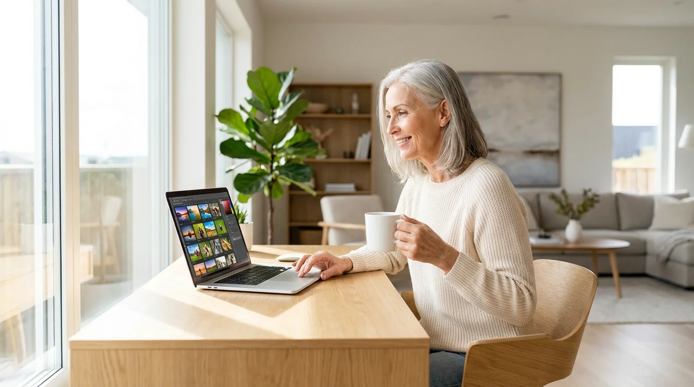 An older woman editing nature photos on her laptop in a sunlit, modern living room.