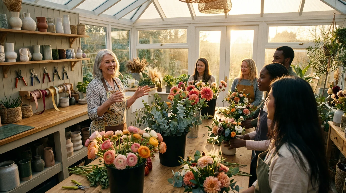 An older woman leads a floral arrangement workshop in a sunlit studio at golden hour.