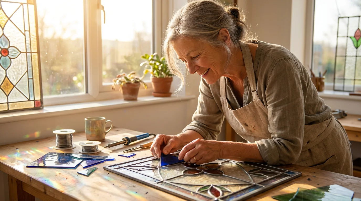 An older woman making a stained glass panel in her sunlit studio at golden hour.