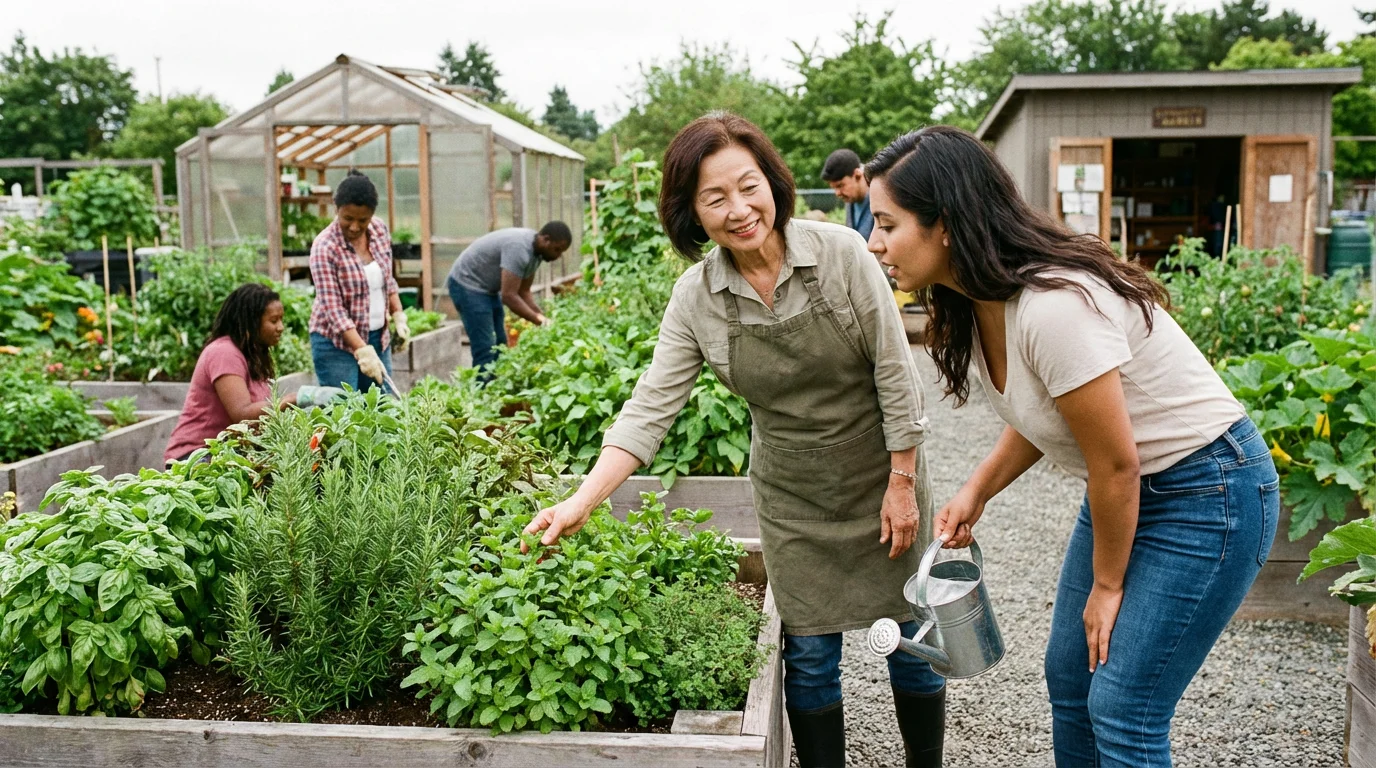 An older woman mentors a younger woman in a lush, beautiful community garden setting.