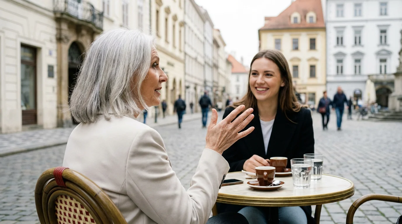 An older woman practicing a new language with a smiling younger woman at an outdoor cafe.