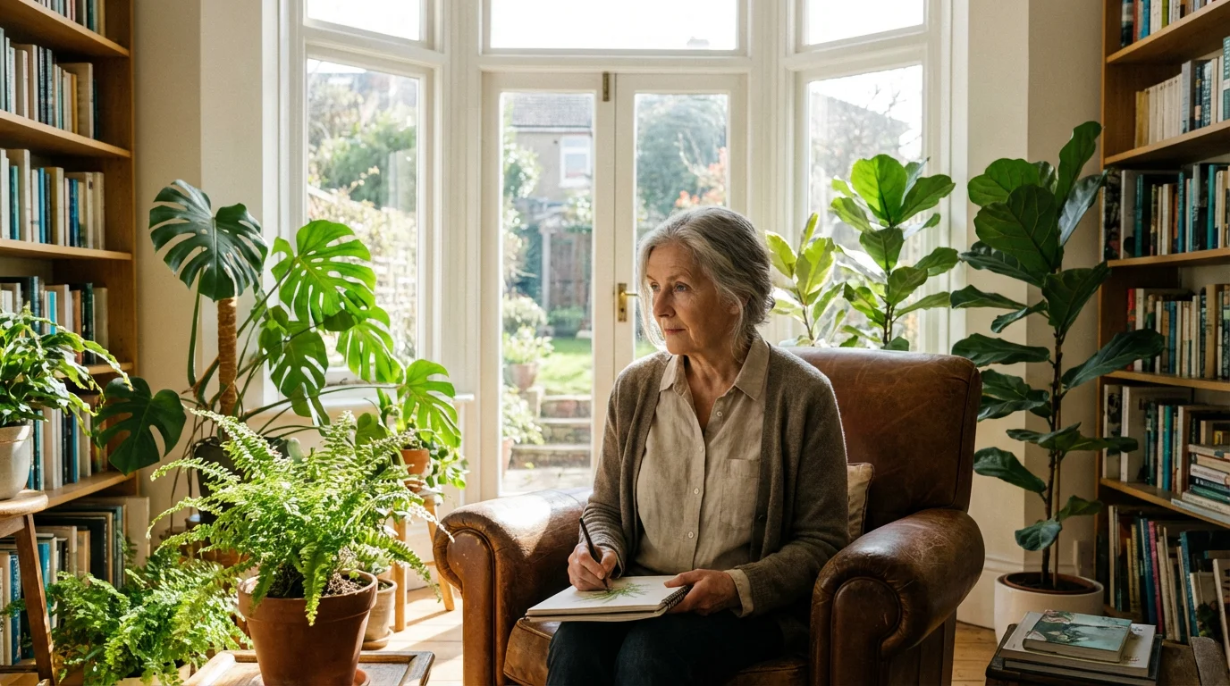 An older woman sketching in a sketchbook in her bright, plant-filled living room.