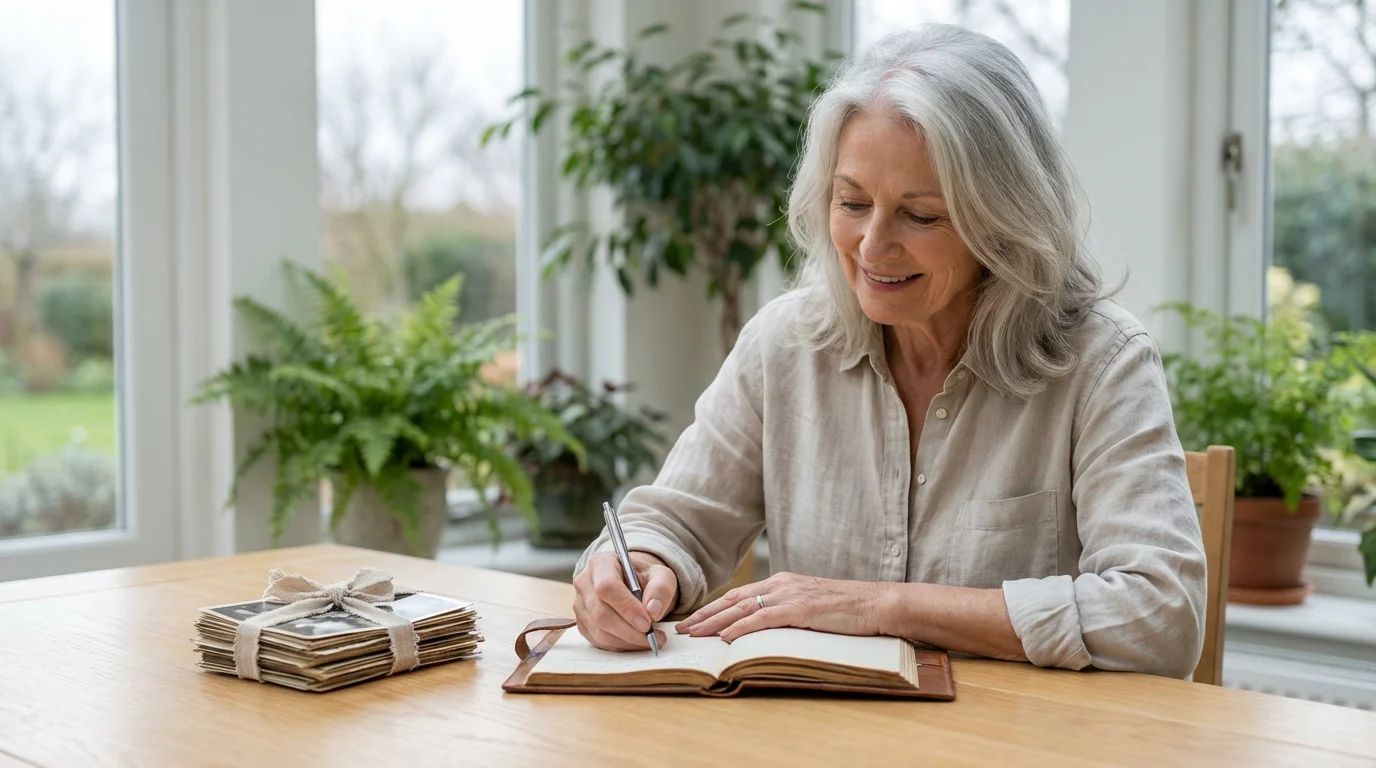 An older woman smiles while writing in a journal in a bright, plant-filled sunroom.