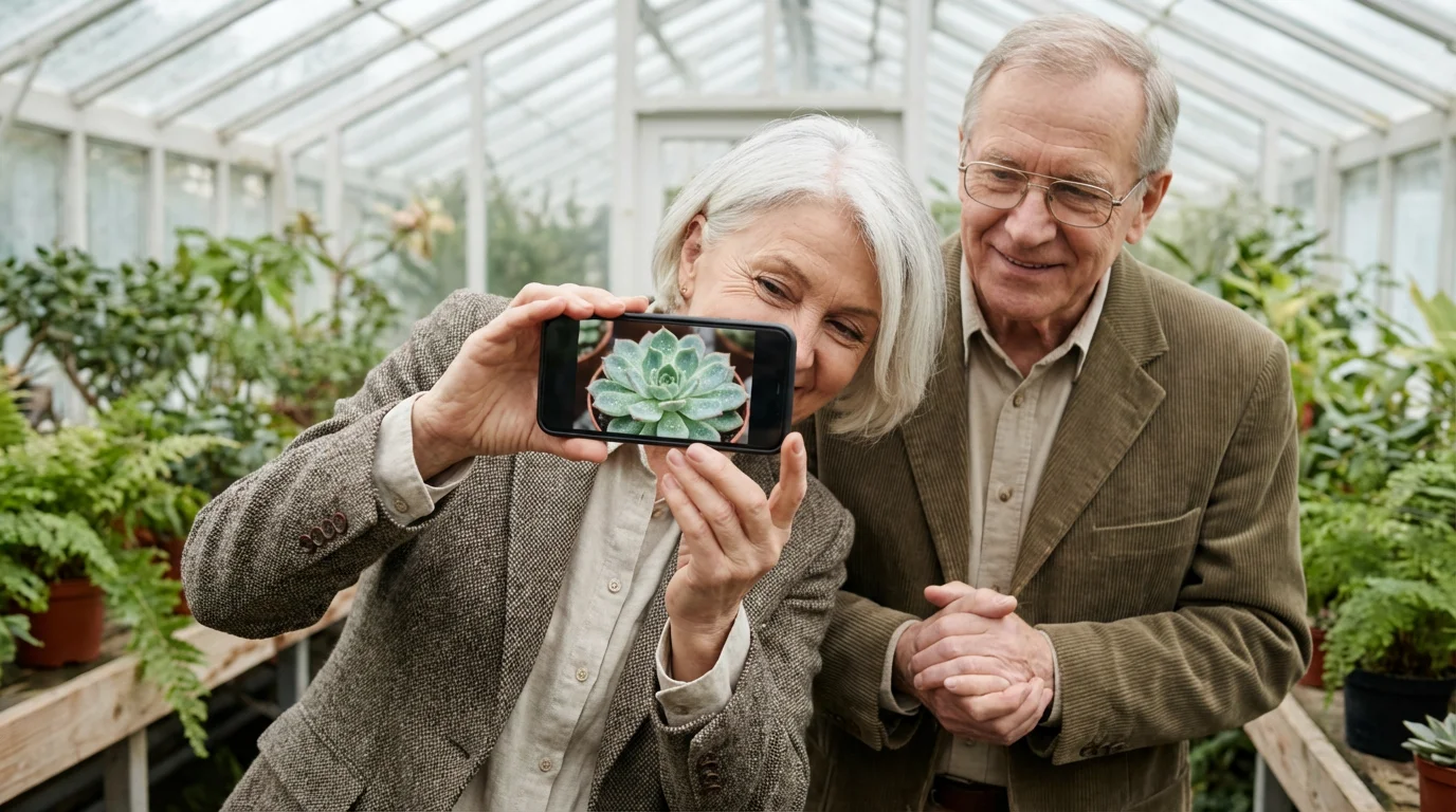 An older woman takes a close-up photo of a plant with her smartphone.