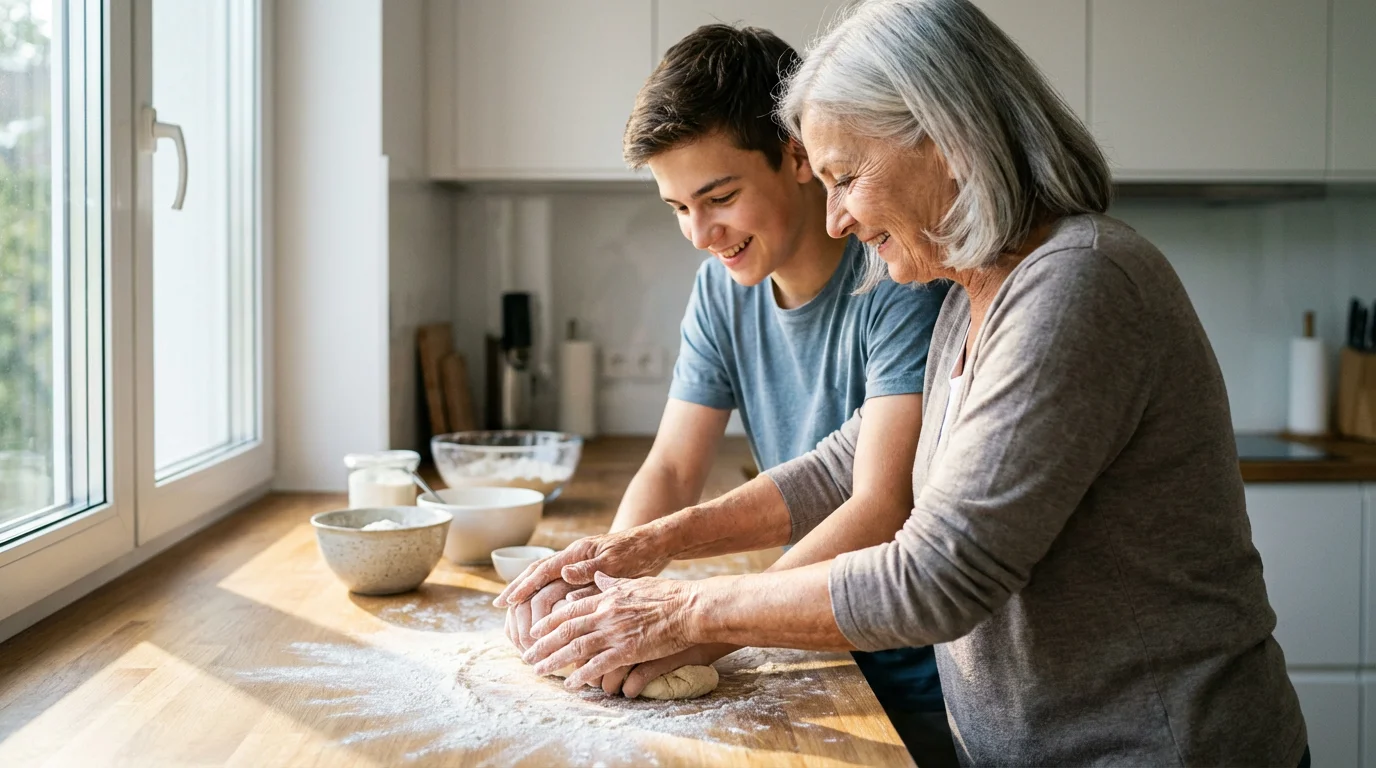 An older woman teaches a young man how to knead dough in a kitchen.