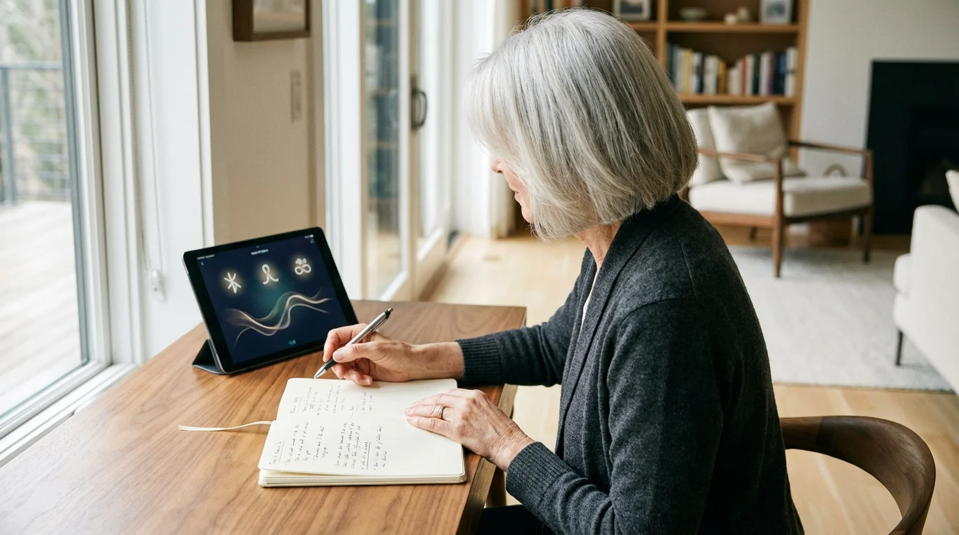 An older woman viewed from over her shoulder studying a new language in a notebook.