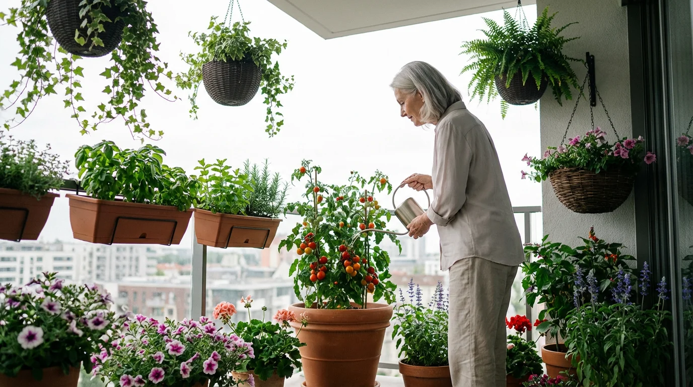 An older woman watering her lush container garden on a modern city apartment balcony.