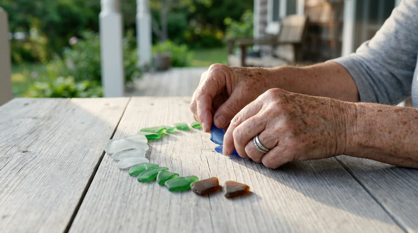 An older woman's hands arranging colorful sea glass pieces on a wooden tabletop outdoors.