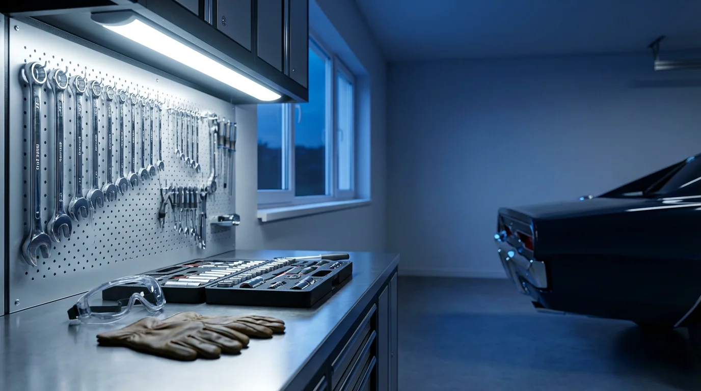 An organized home garage workshop with tools and safety gear ready for car restoration.